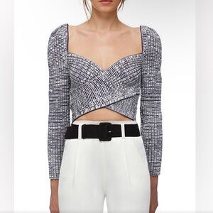 Self-Portrait Ribbed Knit Cropped Top Crossover Ribbed Navy White Size M